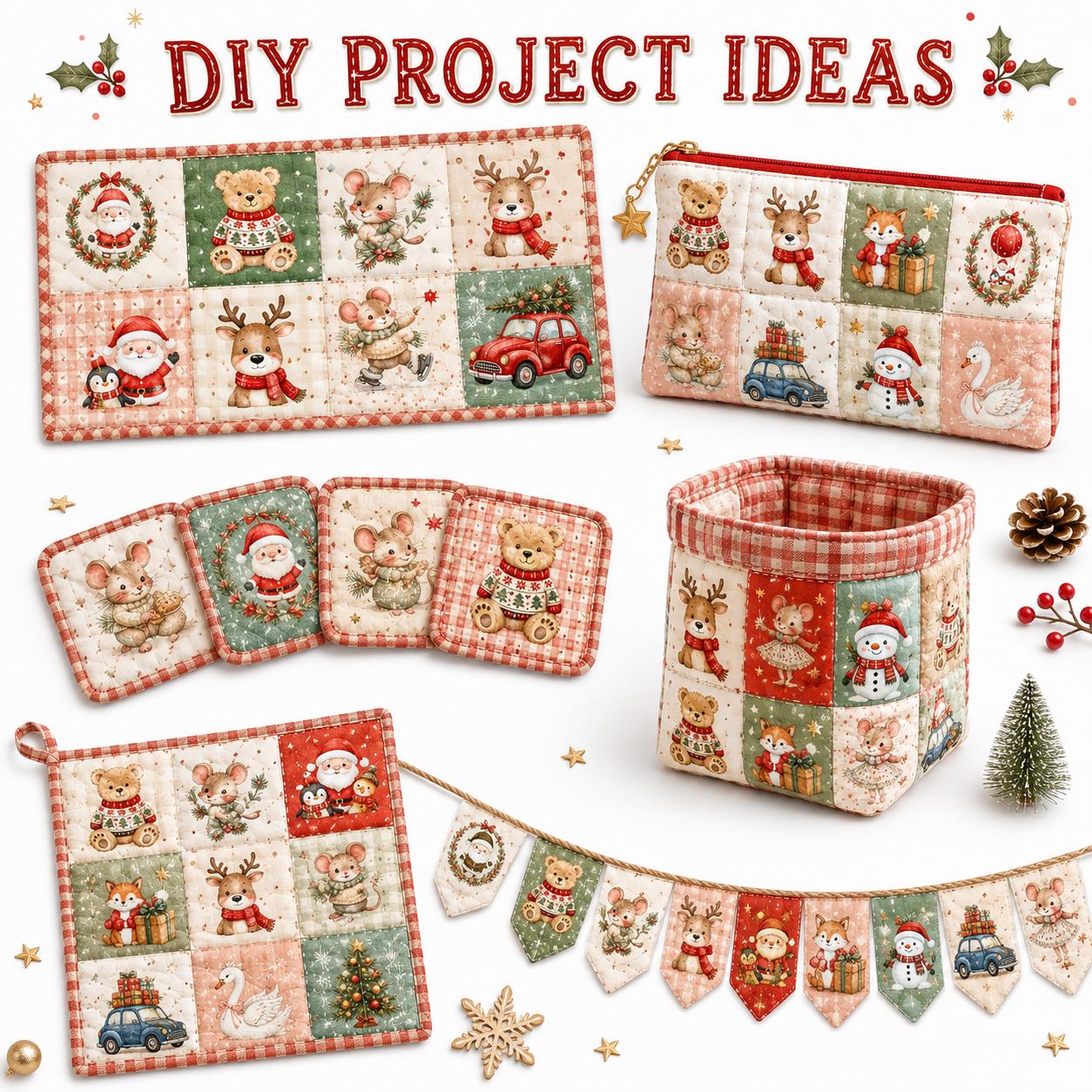 10Pc/Set Christmas Series Santa Claus Deer Holly Crutch Christmas Tree Fox Fat Quarter Fabric, Pre-Cut Square Fabric Assort, Fabric Set, Craft Fabric, Handmade DIY Patchwork Fabric,Home Quilting Sewing Fabric, Packaging Fabric, Scrapbooking Craft Hobbyist