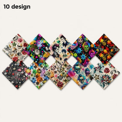 10Pc/Set Halloween Series Flower Skull Rose Fat Quarter Fabric, Pre-Cut Square Fabric Assort, Fabric Set, Craft Fabric, Handmade DIY Patchwork Fabric,Home Quilting Sewing Fabric, Packaging Fabric, Scrapbooking Craft Hobbyist