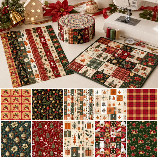 10pcs Vintage Gift Santa Plaid Christmas Theme Jelly Roll Fabric Strips 2.5X19.7inch Pre-Cut 100% Polyester For Patchwork Quilts, Table Runners, Placemats, Tote Bags, Storage Pouches, Makeup Bags, Coasters, Quilt Blocks & Binding