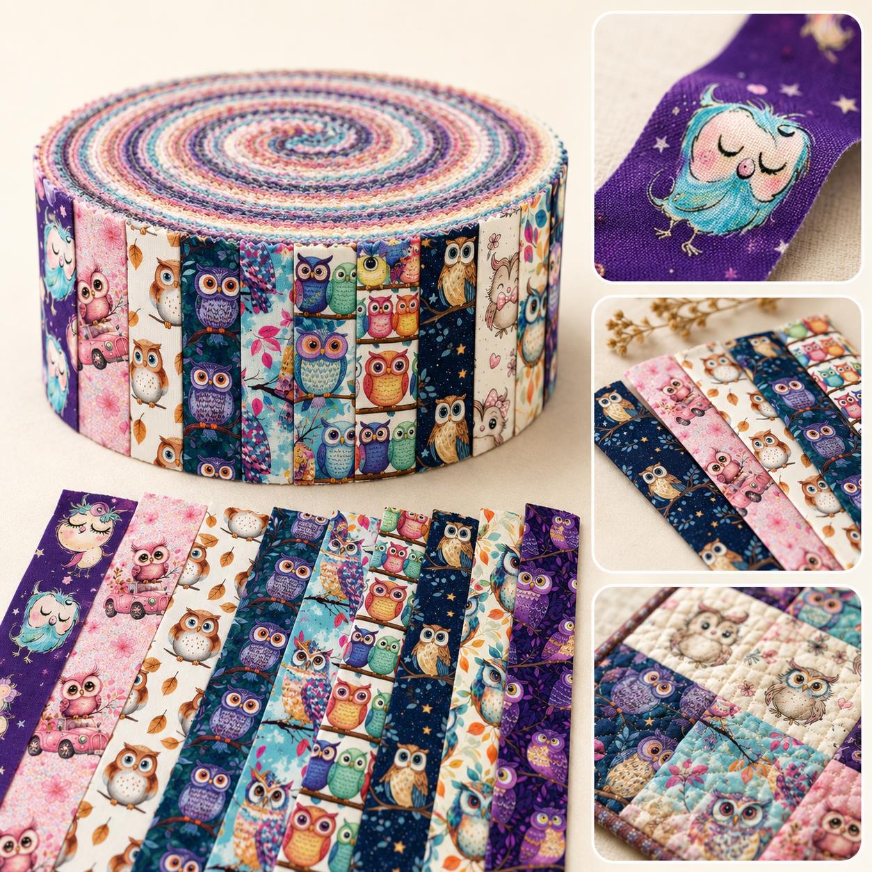 10Pc/Set, Making 10 Images 1pc Each, Each Size: 6.3*50cm Owl Animal Series Sliced Fabric Set Style Combination, Polyester Jelly Roll Fabric Strips, Pre-Cut Quilting Squares, For Quilting DIY, Handicrafts And Sewing, Blankets, Rugs, Interior Decoration