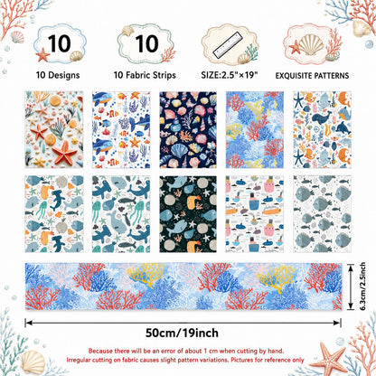 10Pc/Set, Making 10 Images 1pc Each, Each Size: 6.3*50cm Coral Dolphin Jellyfish Ocean Series Sliced Fabric Set Style Combination, Polyester Jelly Roll Fabric Strips, Pre-Cut Quilting Squares, For Quilting DIY, Handicrafts And Sewing, Blankets, Rugs