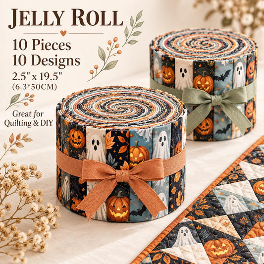 10pcs Vintage Pumpkin Ghost Halloween Theme Jelly Roll Fabric Strips 2.5X19.7inch Pre-Cut 100% Polyester For Patchwork Quilts, Table Runners, Placemats, Tote Bags, Storage Pouches, Makeup Bags, Coasters, Quilt Blocks & Binding