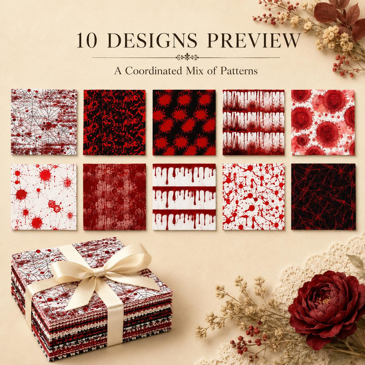 10pcs Charm Pack Set Blood Halloween Pattern Vintage Style Handmade DIY with Rich Color and Texture Elements 100% Polyester Patchwork in 10 Design Styles Suitable for Patchwork DIY Craft Projects DIY Wallet Making Gift Giving Bag Making Mother's Day Gift