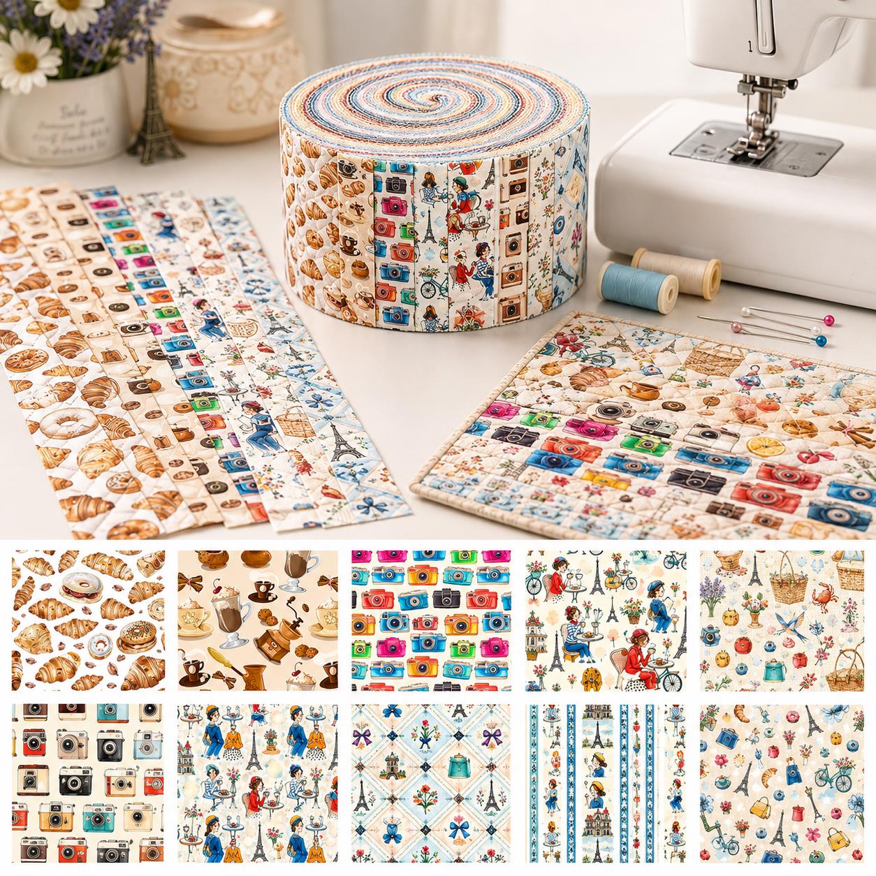 10pcs Camera Bread Jelly Roll Fabric Strips 2.5X19.7inch Pre-Cut 100% Polyester For Patchwork Quilts, Table Runners, Placemats, Tote Bags, Storage Pouches, Makeup Bags, Coasters, Quilt Blocks & Binding