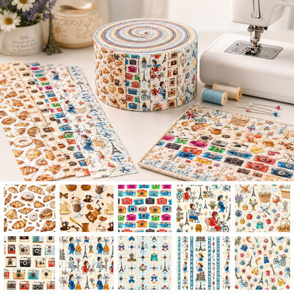 10pcs Camera Bread Jelly Roll Fabric Strips 2.5X19.7inch Pre-Cut 100% Polyester For Patchwork Quilts, Table Runners, Placemats, Tote Bags, Storage Pouches, Makeup Bags, Coasters, Quilt Blocks & Binding