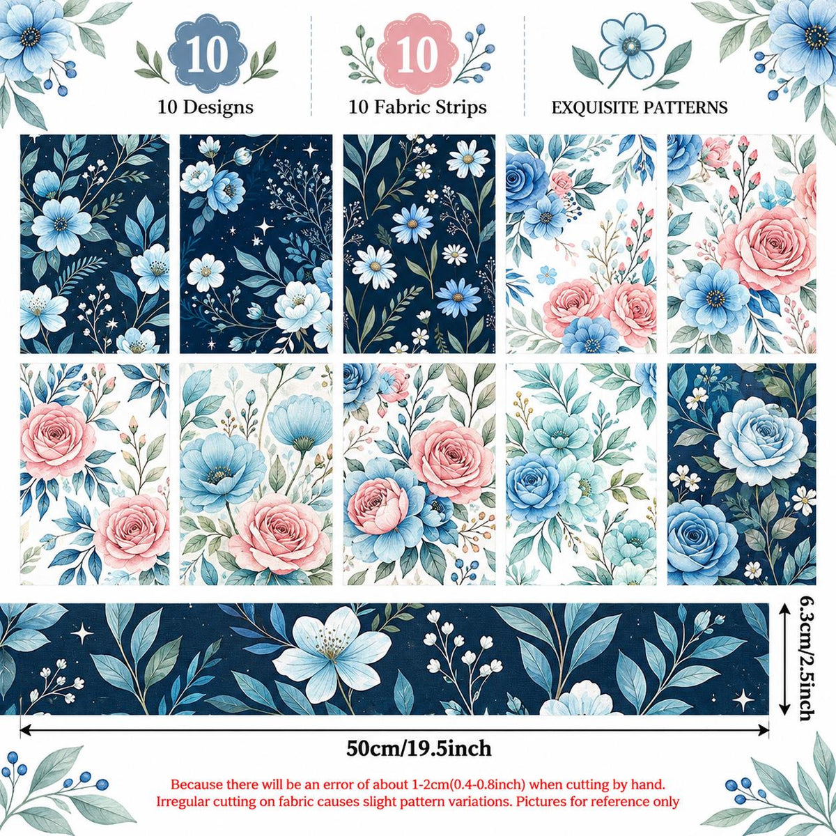 10pcs Vintage Blue Floral Pattern Jelly Roll Fabric Strips 2.5X19.7inch Pre-Cut 100% Polyester For Patchwork Quilts, Table Runners, Placemats, Tote Bags, Storage Pouches, Makeup Bags, Coasters, Quilt Blocks & Binding