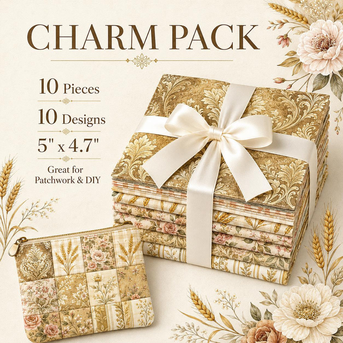10pcS Charm Pack Set Floral Ear Of Wheat Pattern VIntage Style HAndmade DIY With Rich Color and Texture Elements 100% Polyester Patchwork in 10 Design Styles Suitable For Patchwork DIY Craft Projects DIY Wallet Making Gift Giving Bag Making Mother's Day G
