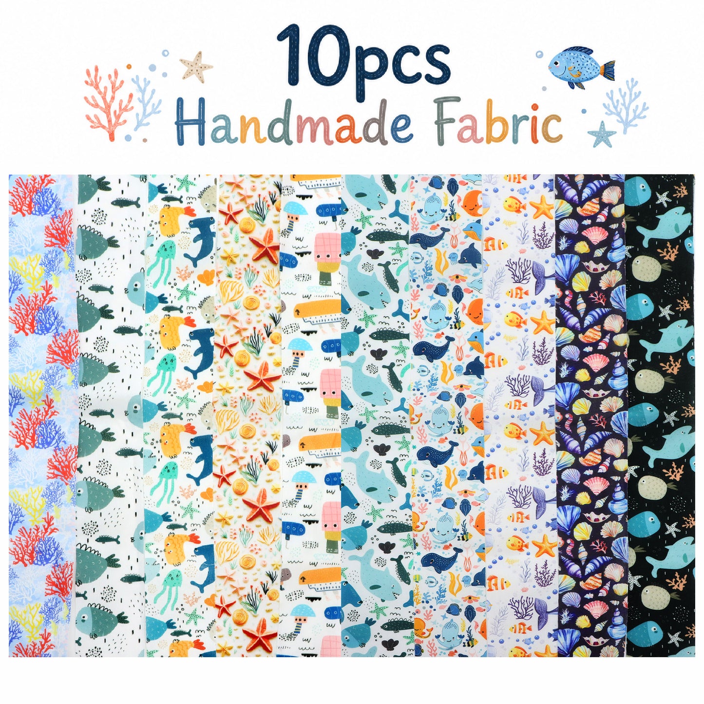 10Pc/Set, Making 10 Images 1pc Each, Each Size: 6.3*50cm Coral Dolphin Jellyfish Ocean Series Sliced Fabric Set Style Combination, Polyester Jelly Roll Fabric Strips, Pre-Cut Quilting Squares, For Quilting DIY, Handicrafts And Sewing, Blankets, Rugs
