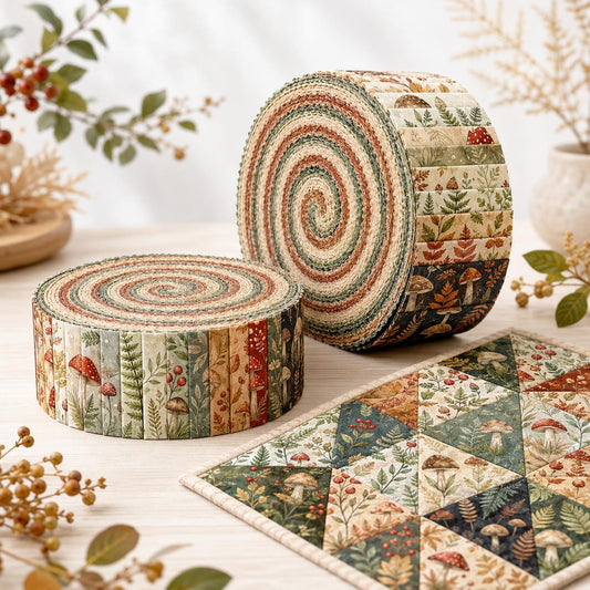 10pcs Vintage Mushroom Theme Jelly Roll Fabric Strips 2.5X19.7inch Pre-Cut 100% Polyester For Patchwork Quilts, Table Runners, Placemats, Tote Bags, Storage Pouches, Makeup Bags, Coasters, Quilt Blocks & Binding