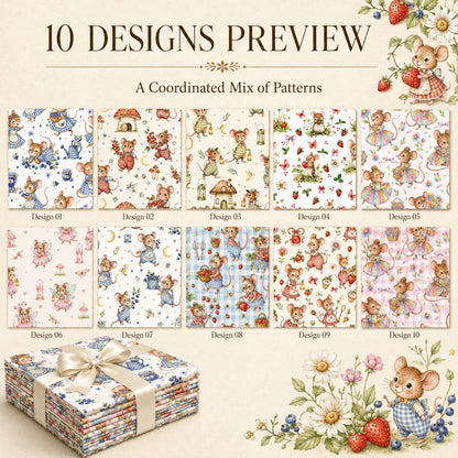 10pcs Charm Pack Set Mouse Mushroom Vintage Style Pattern Handmade DIY with Rich Color and Texture Elements 100% Polyester Patchwork in 10 Design Styles Suitable for Patchwork DIY Craft Projects DIY Wallet Making Gift Giving Bag Making Mother's Day Gift