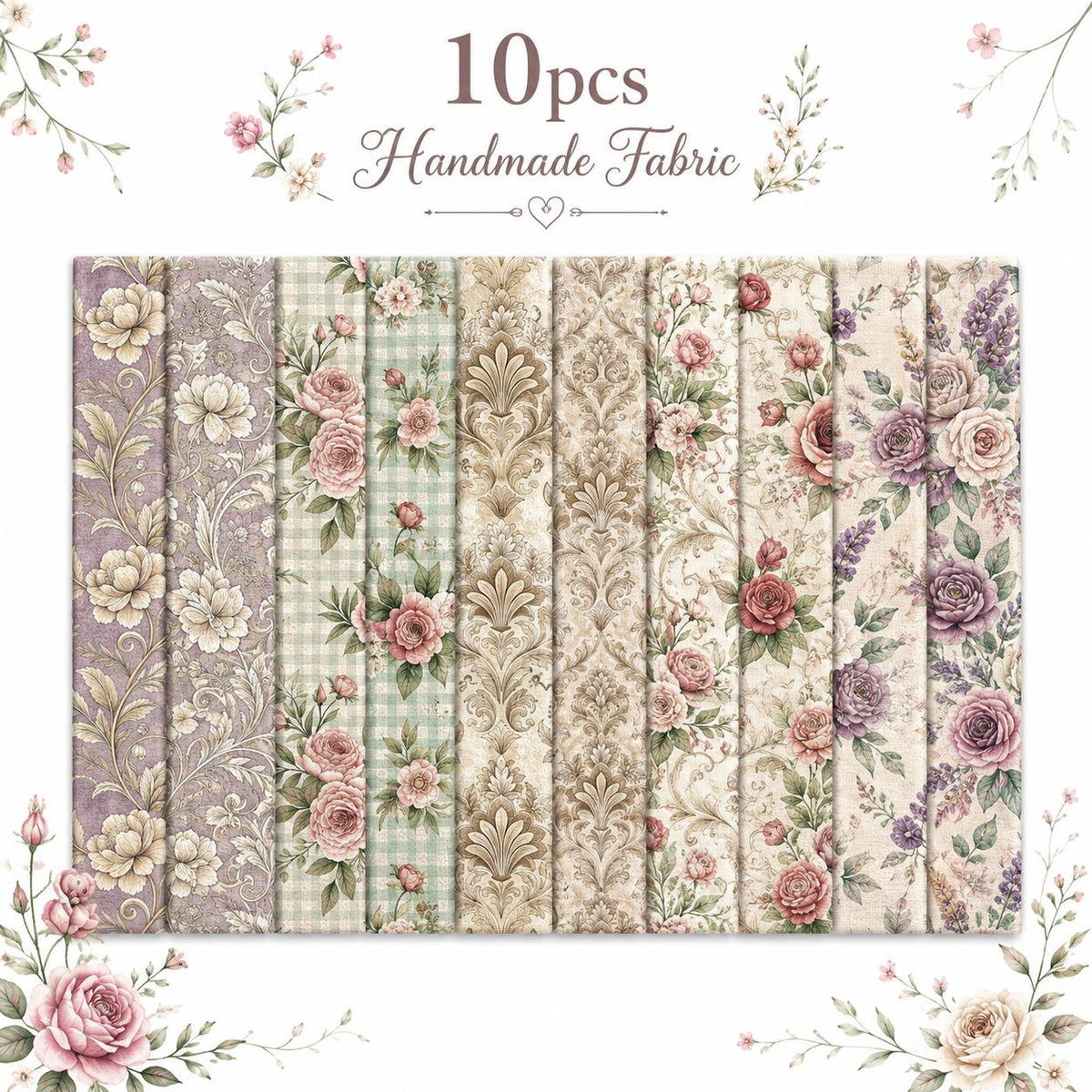 10pcs Vintage Floral Pattern Jelly Roll Fabric Strips 2.5X19.7inch Pre-Cut 100% Polyester For Patchwork Quilts, Table Runners, Placemats, Tote Bags, Storage Pouches, Makeup Bags, Coasters, Quilt Blocks & Binding