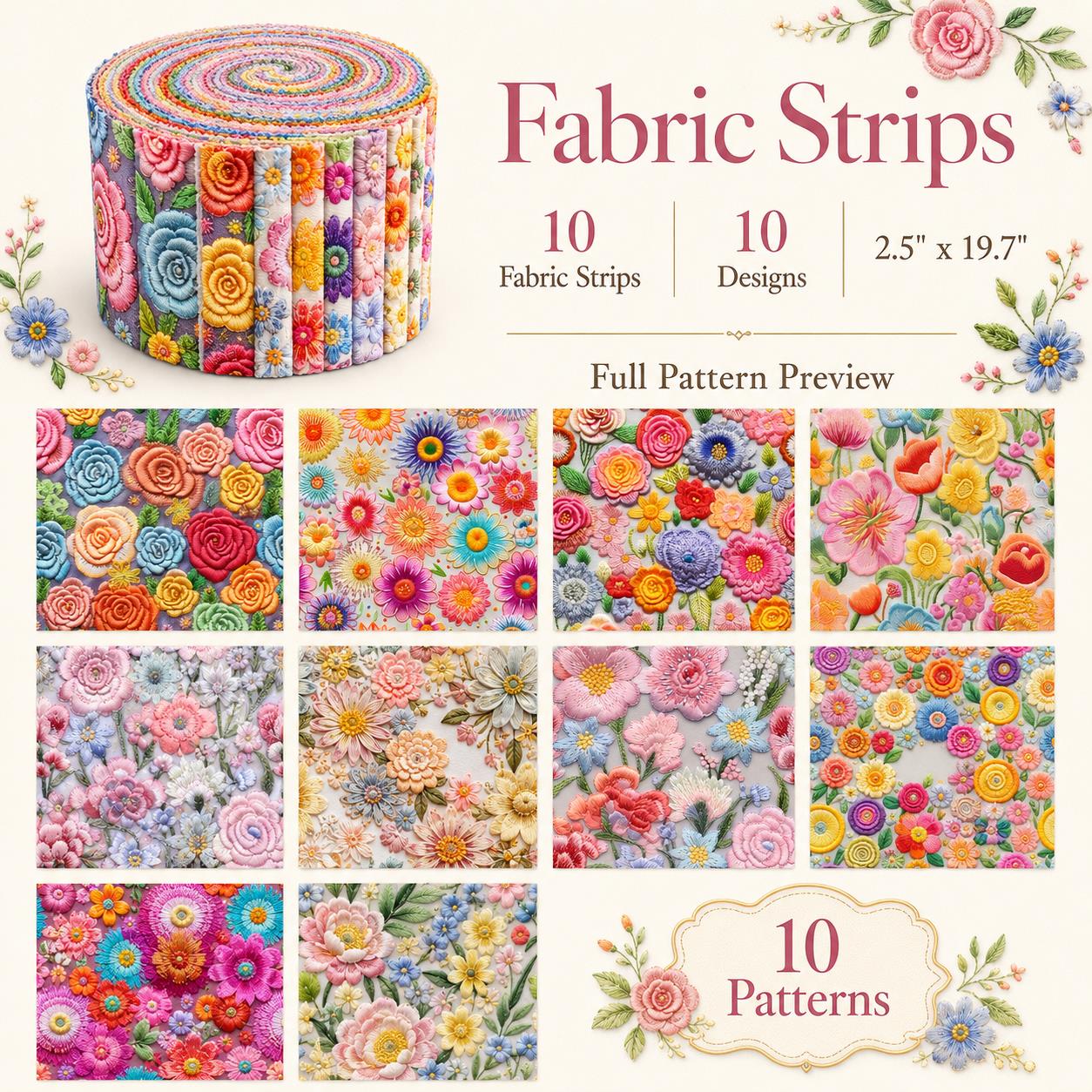 Floral Jelly Roll Quilt Fabric - 10pcs 2.5x19 Inch Polyester Strips For Sewing, Patchwork & Crafting - Precut Fabric Set For DIY Quilting, Table Runners, Storage Pouches, Makeup Bags & Home Decor, Mother'S Day Gift, Birthday Gift For Mom