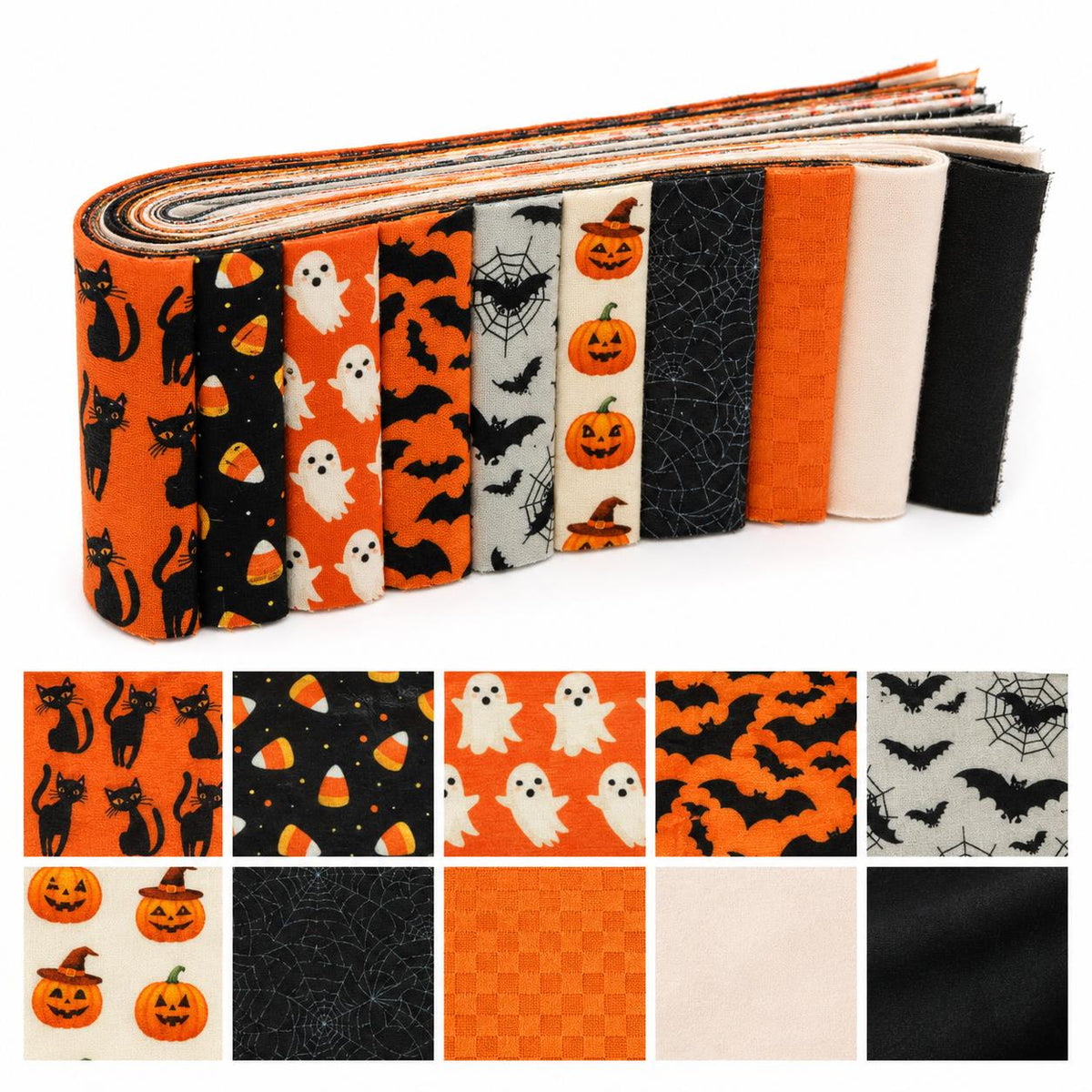 10Pc/Set, Making 10 Images 1pc Each, Each Size: 6.3*50cm Bat Pumpkin Ghost Halloween Series Sliced Fabric Set Style Combination, Polyester Jelly Roll Fabric Strips, Pre-Cut Quilting Squares, For Quilting DIY, Handicrafts And Sewing, Blankets, Rugs, Interi