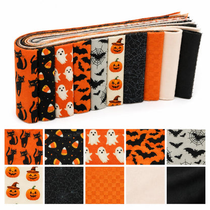 10Pc/Set, Making 10 Images 1pc Each, Each Size: 6.3*50cm Bat Pumpkin Ghost Halloween Series Sliced Fabric Set Style Combination, Polyester Jelly Roll Fabric Strips, Pre-Cut Quilting Squares, For Quilting DIY, Handicrafts And Sewing, Blankets, Rugs, Interi
