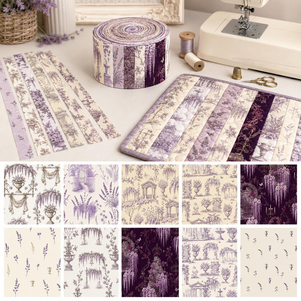 10pcs Vintage Lavender Floral Pattern Jelly Roll Fabric Strips 2.5X19.7inch Pre-Cut 100% Polyester For Patchwork Quilts, Table Runners, Placemats, Tote Bags, Storage Pouches, Makeup Bags, Coasters, Quilt Blocks & Binding