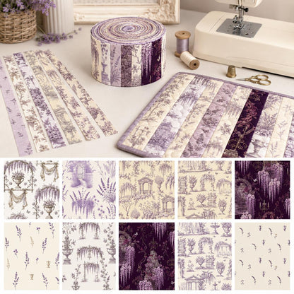 10pcs Vintage Lavender Floral Pattern Jelly Roll Fabric Strips 2.5X19.7inch Pre-Cut 100% Polyester For Patchwork Quilts, Table Runners, Placemats, Tote Bags, Storage Pouches, Makeup Bags, Coasters, Quilt Blocks & Binding
