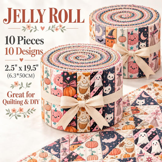 10pcs Vintage Pumpkin Ghost Halloween Theme Jelly Roll Fabric Strips 2.5X19.7inch Pre-Cut 100% Polyester For Patchwork Quilts, Table Runners, Placemats, Tote Bags, Storage Pouches, Makeup Bags, Coasters, Quilt Blocks & Binding