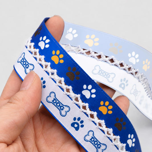 5 Yards Blue White Series Ribbon Adorned with Dog Paw Bones Pattern, Width 32mm/1.26-Inch, Two Ribbon Equipped with White Center Hook Edge, Ideal for Showcasing Jewelry And Wrapping Gifts, Creating Bows, Holiday Decorations