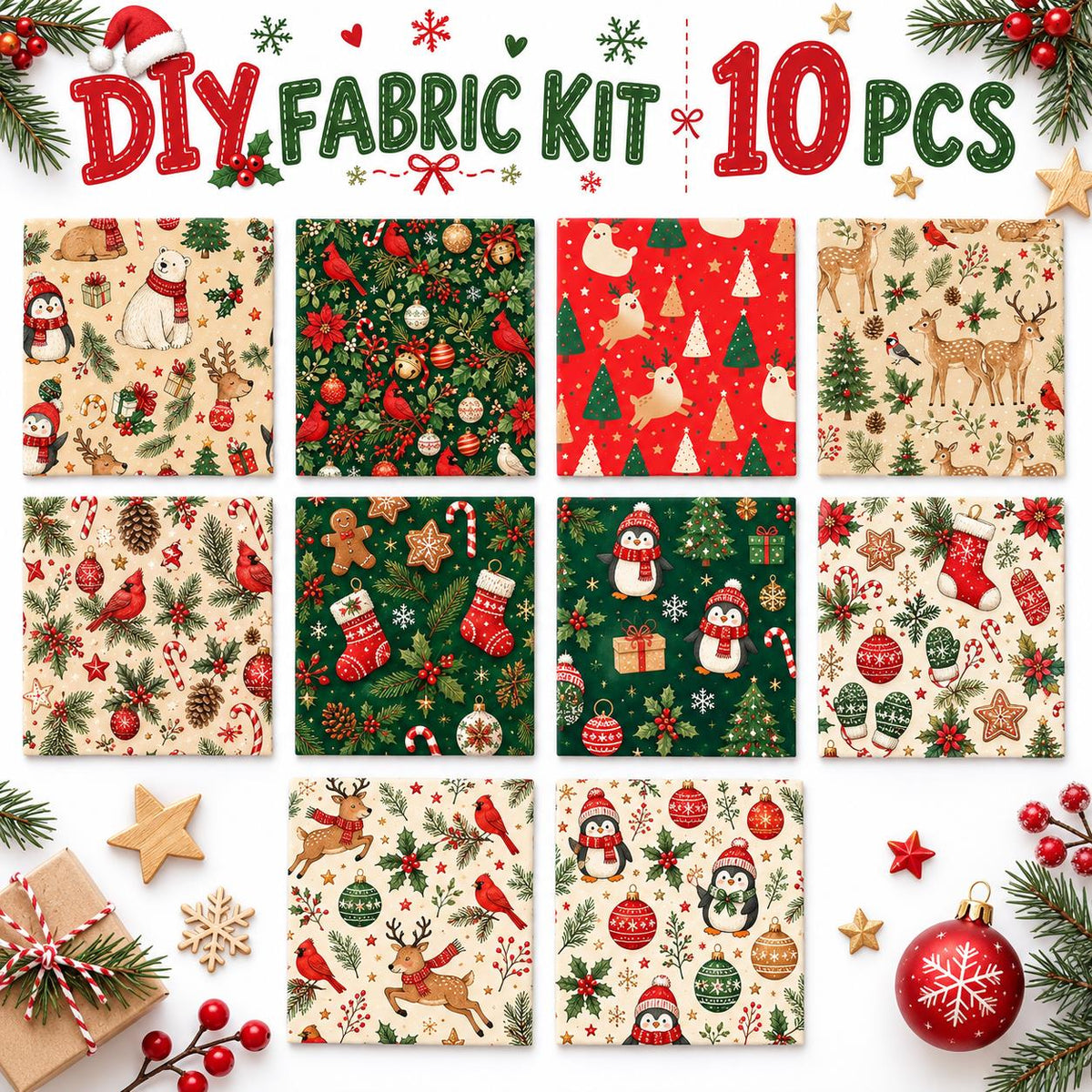 10Pc/Set Christmas Series Flower Bell Star Tree Penguin Bear Holly Crutch Pinecones Northern Cardinal Fat Quarter Fabric, Pre-Cut Square Fabric Assort, Fabric Set, Craft Fabric, Handmade DIY Patchwork Fabric,Home Quilting Sewing Fabric, Packaging Fabric,
