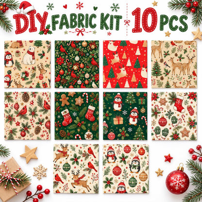10Pc/Set Christmas Series Flower Bell Star Tree Penguin Bear Holly Crutch Pinecones Northern Cardinal Fat Quarter Fabric, Pre-Cut Square Fabric Assort, Fabric Set, Craft Fabric, Handmade DIY Patchwork Fabric,Home Quilting Sewing Fabric, Packaging Fabric,