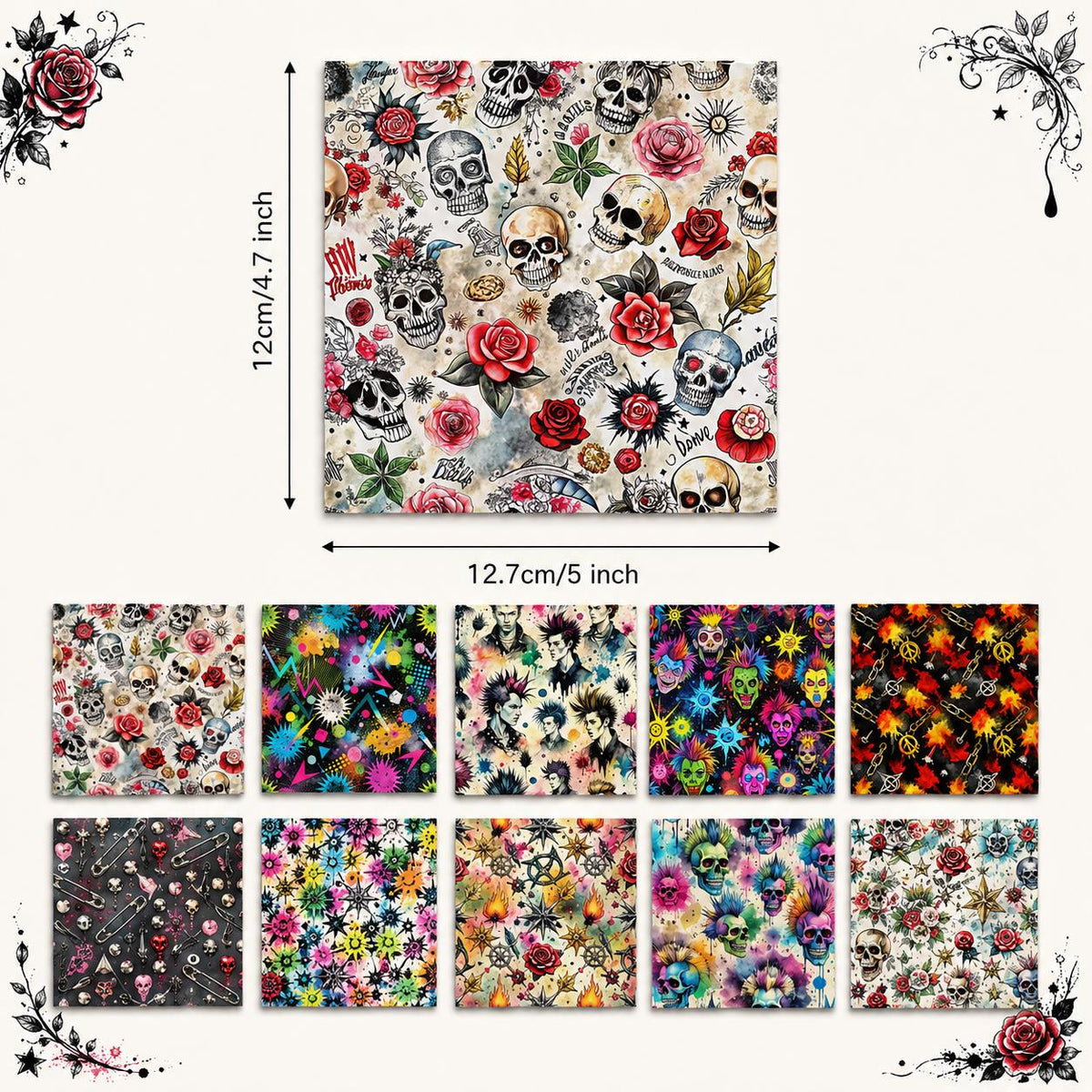 10Pc/Set Halloween Series Flower Skull Rose Fat Quarter Fabric, Pre-Cut Square Fabric Assort, Fabric Set, Craft Fabric, Handmade DIY Patchwork Fabric,Home Quilting Sewing Fabric, Packaging Fabric, Scrapbooking Craft Hobbyist