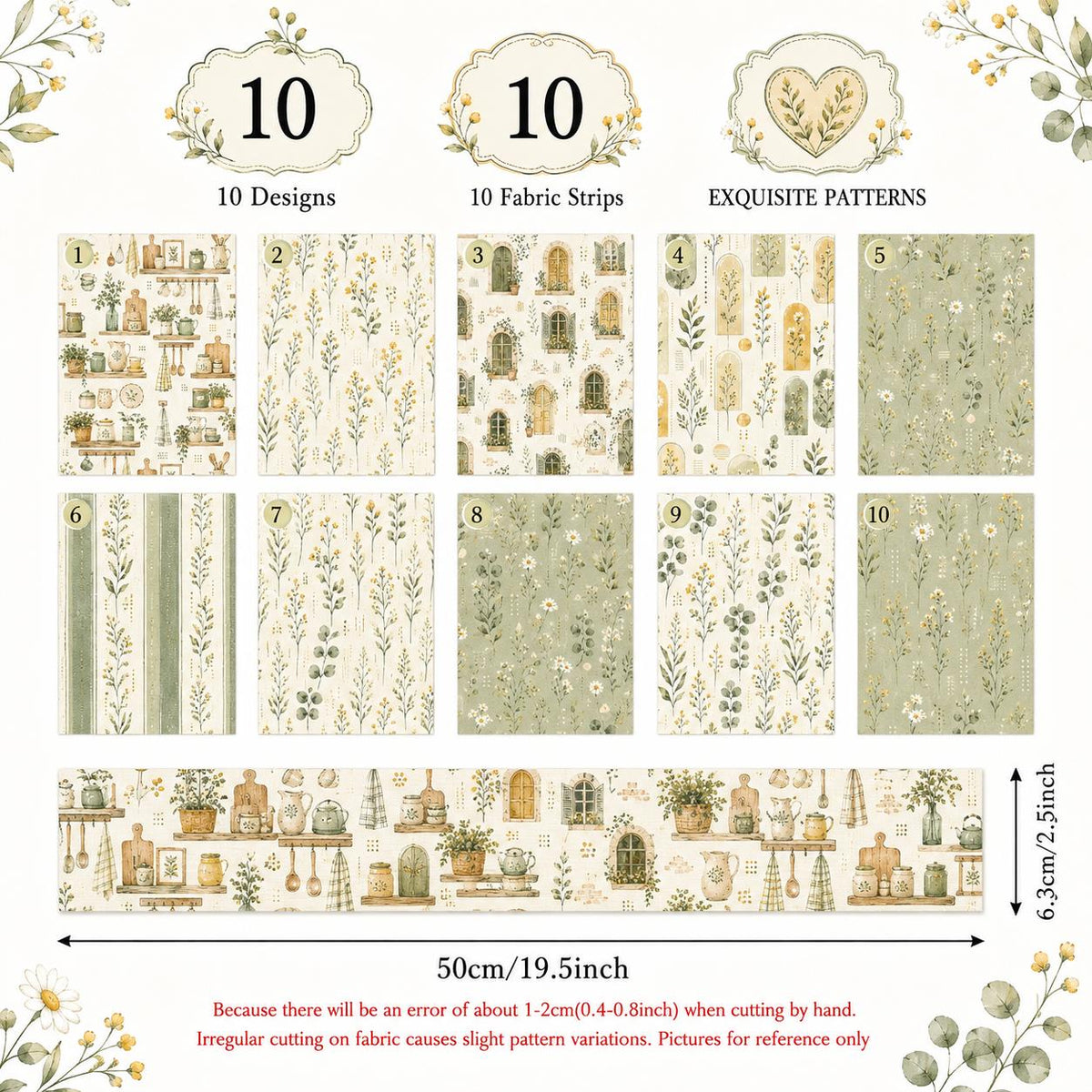 10pcs Vintage Floral Plant Pattern Jelly Roll Fabric Strips 2.5X19.7inch Pre-Cut 100% Polyester For Patchwork Quilts, Table Runners, Placemats, Tote Bags, Storage Pouches, Makeup Bags, Coasters, Quilt Blocks & Binding
