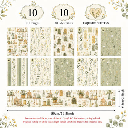 10pcs Vintage Floral Plant Pattern Jelly Roll Fabric Strips 2.5X19.7inch Pre-Cut 100% Polyester For Patchwork Quilts, Table Runners, Placemats, Tote Bags, Storage Pouches, Makeup Bags, Coasters, Quilt Blocks & Binding