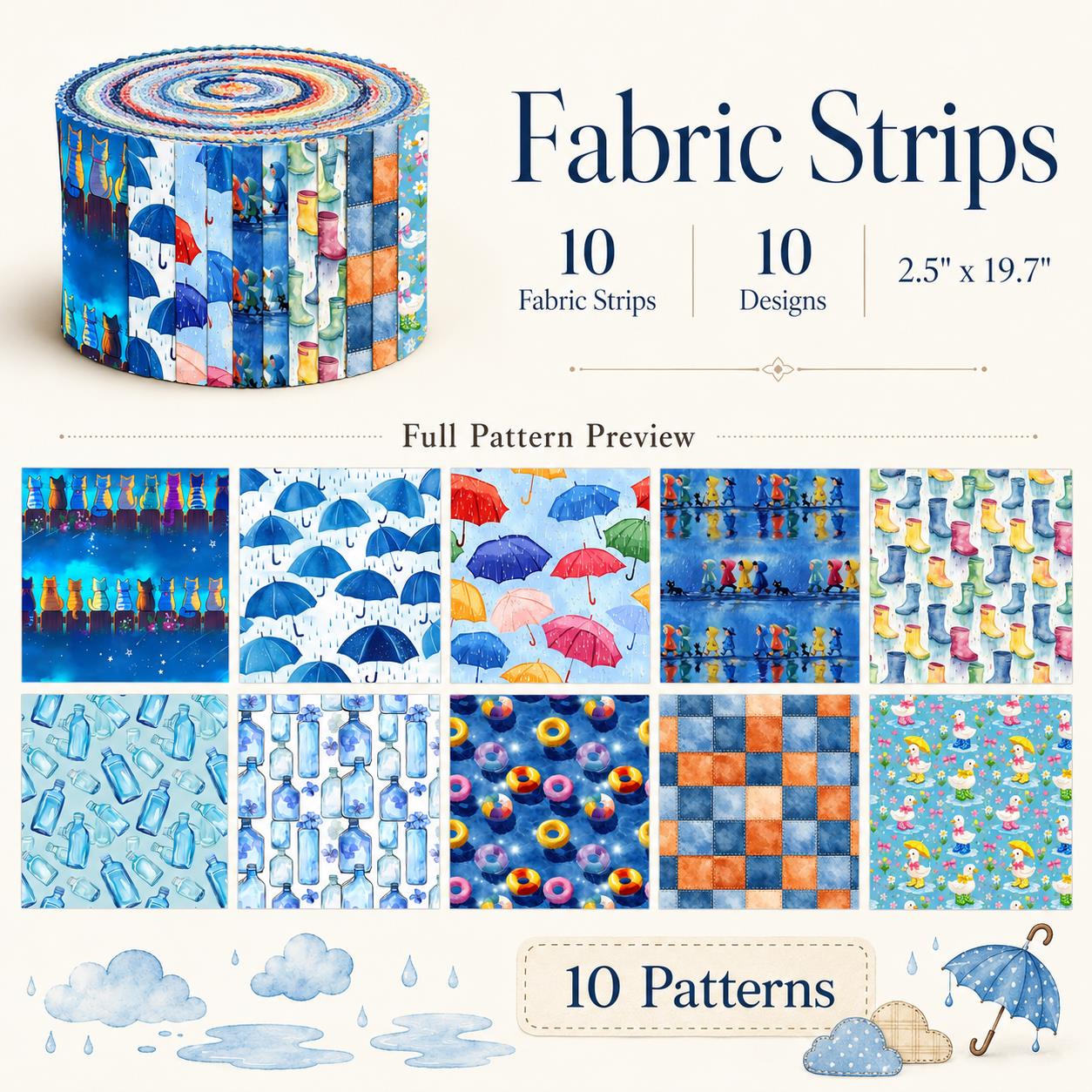 10Pc/Set, Making 10 Images 1pc Each, Each Size: 6.3*50cm Cat Bottle Raining Umbrella Blue Series Sliced Fabric Set Style Combination, Polyester Jelly Roll Fabric Strips, Pre-Cut Quilting Squares, For Quilting DIY, Handicrafts And Sewing, Blankets, Rugs