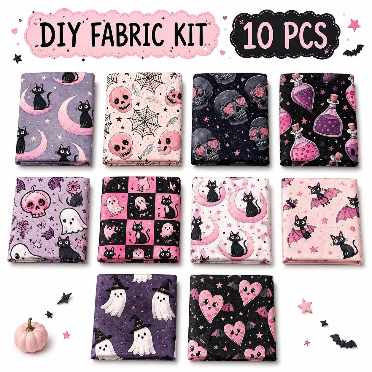 10pcs Charm Pack Set  Bat Ghost Skull Halloween Vintage Style Pattern Handmade DIY with Rich Color and Texture Elements 100% Polyester Patchwork in 10 Design Styles Suitable for Patchwork DIY Craft Projects DIY Wallet Making Gift Giving Bag Making
