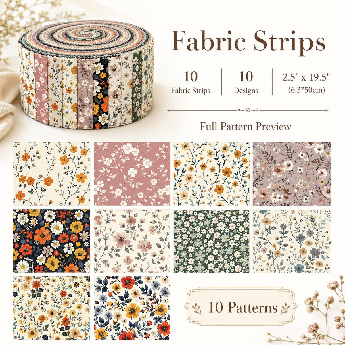 10pcs Vintage Floral Pattern Jelly Roll Fabric Strips 2.5X19.7inch Pre-Cut 100% Polyester For Patchwork Quilts, Table Runners, Placemats, Tote Bags, Storage Pouches, Makeup Bags, Coasters, Quilt Blocks & Binding