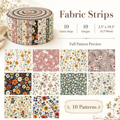 10pcs Vintage Floral Pattern Jelly Roll Fabric Strips 2.5X19.7inch Pre-Cut 100% Polyester For Patchwork Quilts, Table Runners, Placemats, Tote Bags, Storage Pouches, Makeup Bags, Coasters, Quilt Blocks & Binding