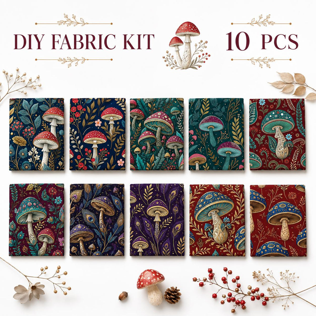10Pc/Set Mushroom Series Flower Fat Quarter Fabric, Pre-Cut Square Fabric Assort, Fabric Set, Craft Fabric, Handmade DIY Patchwork Fabric,Home Quilting Sewing Fabric, Packaging Fabric, Scrapbooking Craft Hobbyist