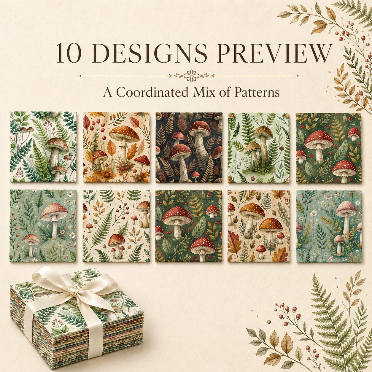 10pcs Charm Pack Set Mushroom Pattern Vintage Style Pattern Handmade DIY with Rich Color and Texture Elements 100% Polyester Patchwork in 10 Design Styles Suitable for Patchwork DIY Craft Projects DIY Wallet Making Gift Giving Bag Making