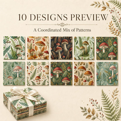 10pcs Charm Pack Set Mushroom Pattern Vintage Style Pattern Handmade DIY with Rich Color and Texture Elements 100% Polyester Patchwork in 10 Design Styles Suitable for Patchwork DIY Craft Projects DIY Wallet Making Gift Giving Bag Making