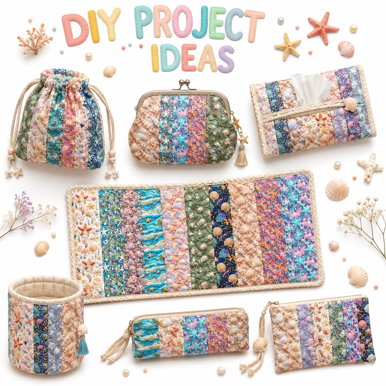10Pc/Set, Making 10 Images 1pc Each, Each Size: 6.3*50cm 2D Flat Starfish Shell Pearl Sea Series Sliced Fabric Set Style Combination, Polyester Jelly Roll Fabric Strips, Pre-Cut Quilting Squares, For Quilting DIY, Handicrafts And Sewing, Blankets, Rugs