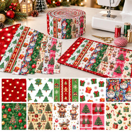 10pcs Vintage Gift Santa Christmas Tree Theme Jelly Roll Fabric Strips 2.5X19.7inch Pre-Cut 100% Polyester For Patchwork Quilts, Table Runners, Placemats, Tote Bags, Storage Pouches, Makeup Bags, Coasters, Quilt Blocks & Binding