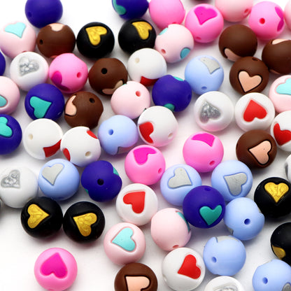5Pcs 15mm Festive Silicone Beads Love Heart Pattern Round Shaped Focal Beads Loose Spacer Beads for DIY Jewelry Making Accessories DIY Bracelet Necklace Chain Earrings Charm Bangle Decors Craft Pen Supplies