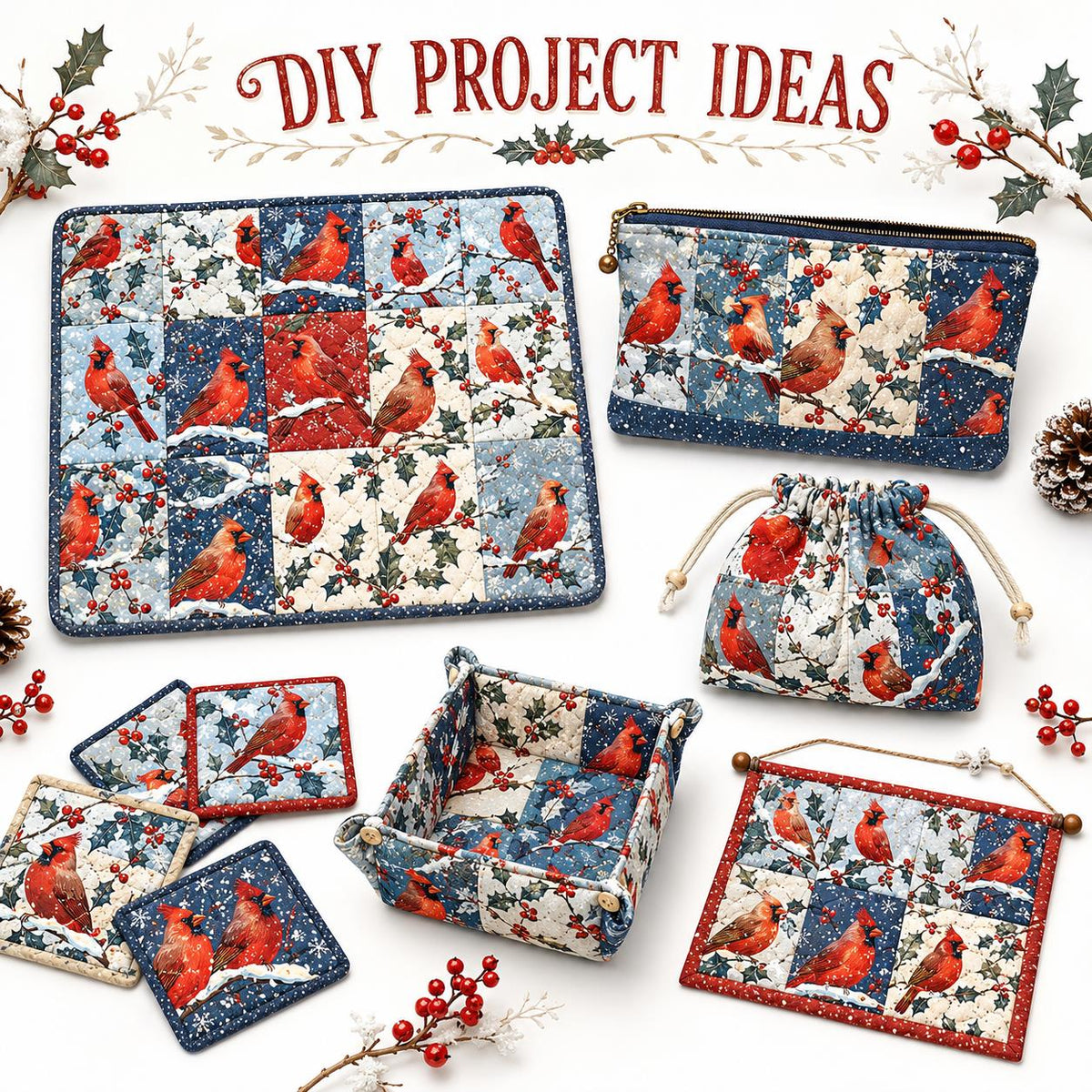 10Pc/Set Christmas Series Northern Cardinal Holly Fat Quarter Fabric, Pre-Cut Square Fabric Assort, Fabric Set, Craft Fabric, Handmade DIY Patchwork Fabric,Home Quilting Sewing Fabric, Packaging Fabric, Scrapbooking Craft Hobbyist