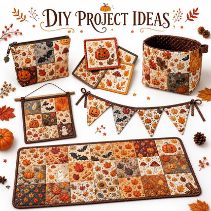 10Pc/Set Halloween Autumn Series Skull Pumpkin Mushroom Maple Leaf Bat Fat Quarter Fabric, Pre-Cut Square Fabric Assort, Fabric Set, Craft Fabric, Handmade DIY Patchwork Fabric,Home Quilting Sewing Fabric, Packaging Fabric, Scrapbooking Craft Hobbyist