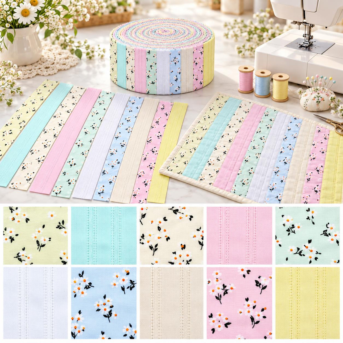 10pcs Vintage Floral Pattern Jelly Roll Fabric Strips 2.5X19.7inch Pre-Cut 100% PolyesterFor Patchwork Quilts, Table Runners, Placemats, Tote Bags, Storage Pouches, Makeup Bags, Coasters, Quilt Blocks & Binding