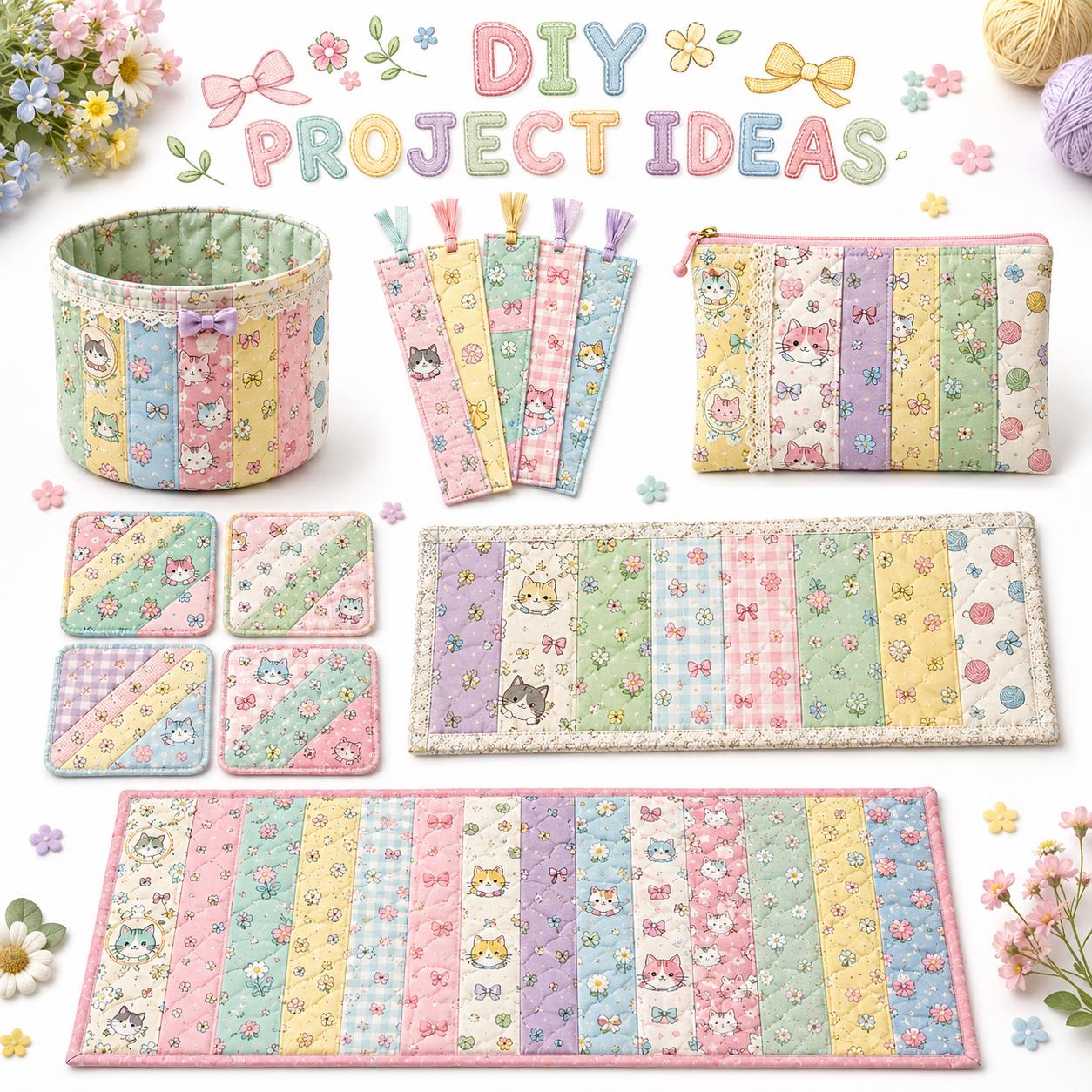 10pcs Vintage Floral Cat Pattern Jelly Roll Fabric Strips 2.5X19.7inch Pre-Cut 100% Polyester For Patchwork Quilts, Table Runners, Placemats, Tote Bags, Storage Pouches, Makeup Bags, Coasters, Quilt Blocks & Binding