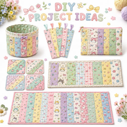10pcs Vintage Floral Cat Pattern Jelly Roll Fabric Strips 2.5X19.7inch Pre-Cut 100% Polyester For Patchwork Quilts, Table Runners, Placemats, Tote Bags, Storage Pouches, Makeup Bags, Coasters, Quilt Blocks & Binding