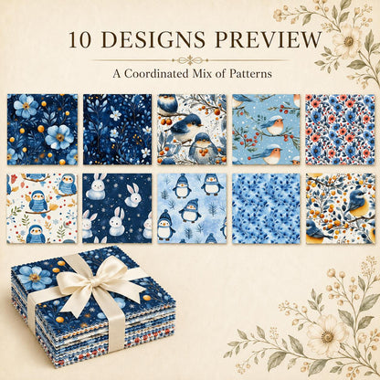 10Pc/Set Christmas Series Flower Bird Rabbit Bird Penguin Fat Quarter Fabric, Pre-Cut Square Fabric Assort, Fabric Set, Craft Fabric, Handmade DIY Patchwork Fabric,Home Quilting Sewing Fabric, Packaging Fabric, Scrapbooking Craft Hobbyist