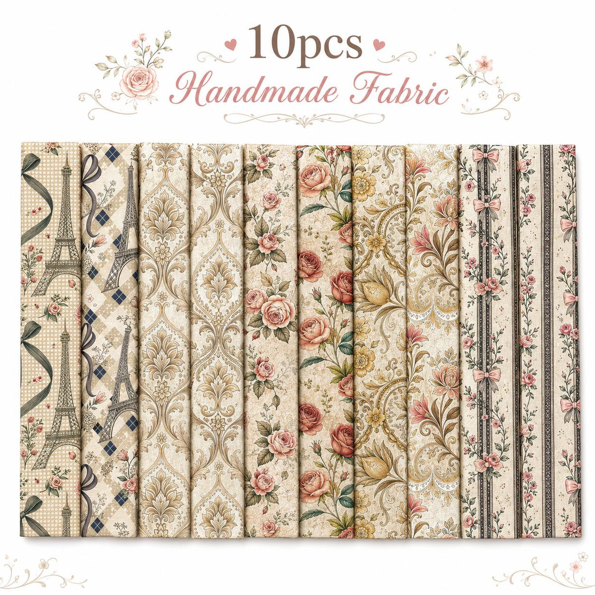 10pcs Vintage Floral Pattern Jelly Roll Fabric Strips 2.5X19.7inch Pre-Cut 100% Polyester For Patchwork Quilts, Table Runners, Placemats, Tote Bags, Storage Pouches, Makeup Bags, Coasters, Quilt Blocks & Binding