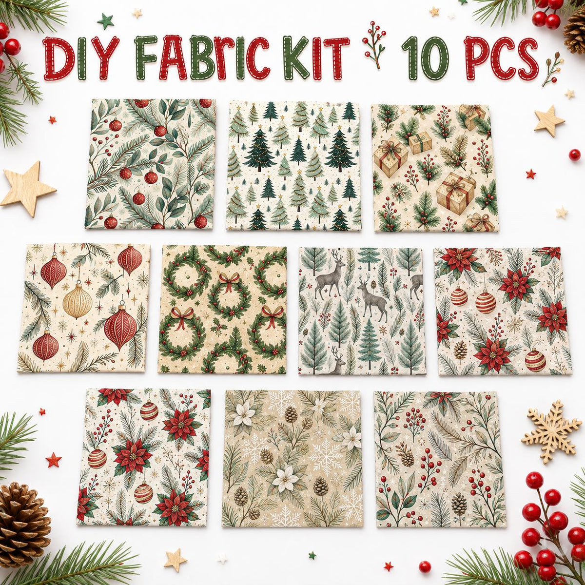 10Pc/Set Christmas Series Bowknot Star Flower Deer Holly Christmas Tree Fat Quarter Fabric, Pre-Cut Square Fabric Assort, Fabric Set, Craft Fabric, Handmade DIY Patchwork Fabric,Home Quilting Sewing Fabric, Packaging Fabric, Scrapbooking Craft Hobbyist