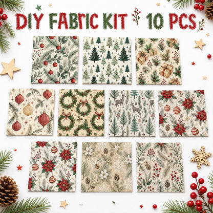 10Pc/Set Christmas Series Bowknot Star Flower Deer Holly Christmas Tree Fat Quarter Fabric, Pre-Cut Square Fabric Assort, Fabric Set, Craft Fabric, Handmade DIY Patchwork Fabric,Home Quilting Sewing Fabric, Packaging Fabric, Scrapbooking Craft Hobbyist