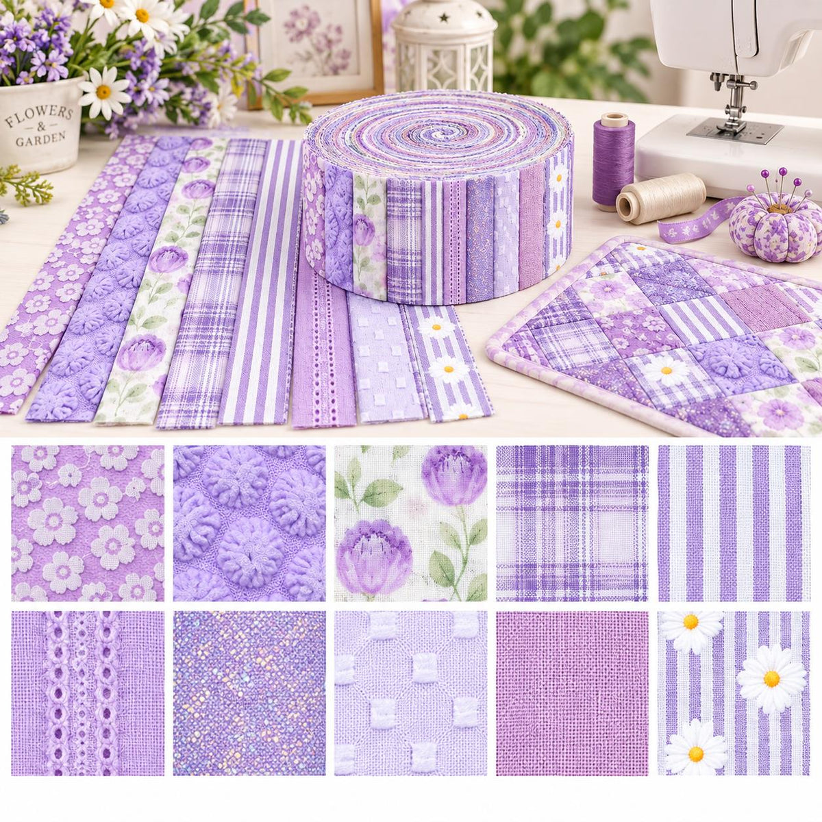10pcs Vintage Floral Plaid Purple Pattern Jelly Roll Fabric Strips 2.5X19.7inch Pre-cut 100% Polyester for Patchwork Quilts, Table Runners, Placemats, Tote Bags, Storage Pouches, Makeup Bags, Coasters, Quilt Blocks & Binding Multi-color