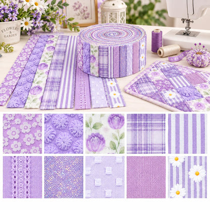 10pcs Vintage Floral Plaid Purple Pattern Jelly Roll Fabric Strips 2.5X19.7inch Pre-cut 100% Polyester for Patchwork Quilts, Table Runners, Placemats, Tote Bags, Storage Pouches, Makeup Bags, Coasters, Quilt Blocks & Binding Multi-color