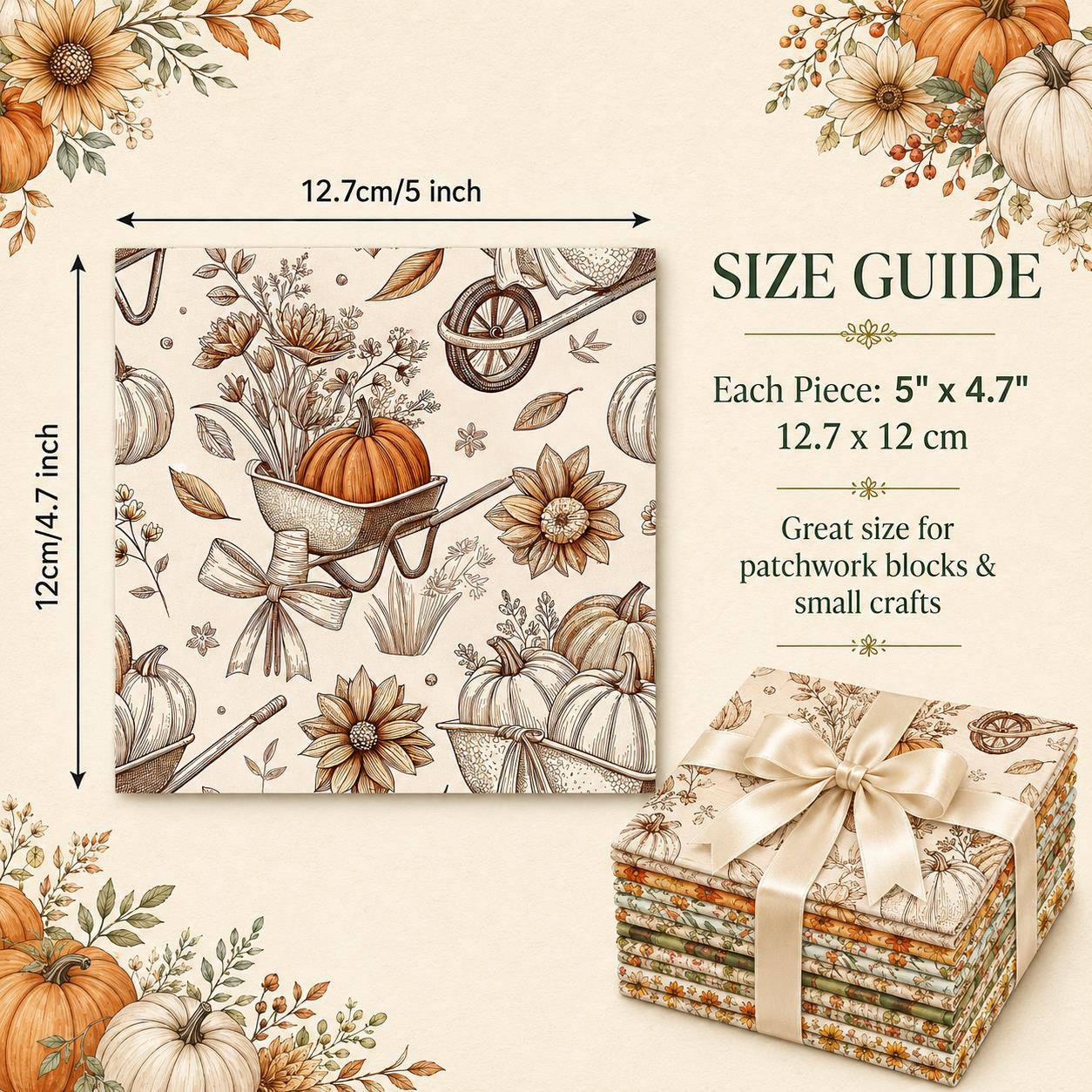 10Pc/Set Autumn Pumpkin Series Plaid Bowknot Flower Fat Quarter Fabric, Pre-Cut Square Fabric Assort, Fabric Set, Craft Fabric, Handmade DIY Patchwork Fabric,Home Quilting Sewing Fabric, Packaging Fabric, Scrapbooking Craft Hobbyist