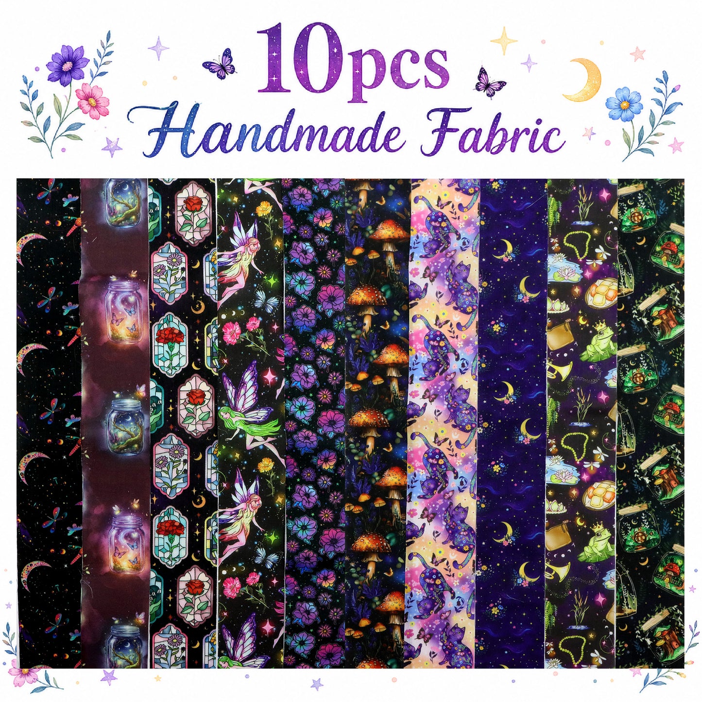 10pcs Vintage Moon Cat Bottle Night Pattern Jelly Roll Fabric Strips 2.5X19.7inch Pre-cut 100% Polyester for Patchwork Quilts, Table Runners, Placemats, Tote Bags, Storage Pouches, Makeup Bags, Coasters, Quilt Blocks & Binding Halloween Gift